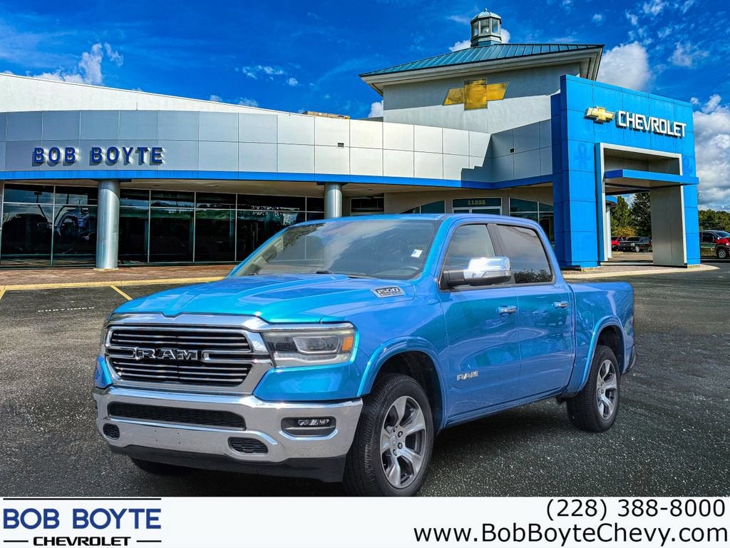 2022 RAM 1500 Laramie in Blue — front three-quarter view