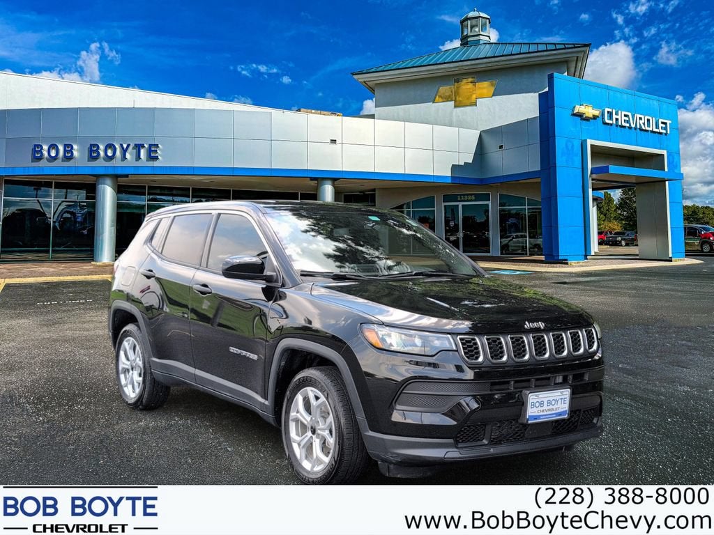 2025 Jeep Compass Sport in Black — front three-quarter view